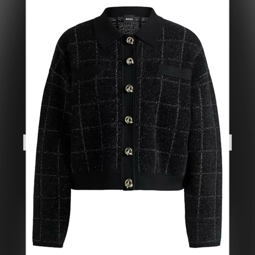 BOSS by Hugo Boss Women’s Sparkle Tweed Cropped Jacket in Black Lurex Plaid Sz L